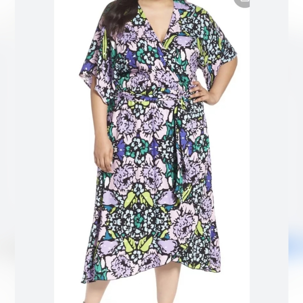 Melissa McCarthy Seven7 Floral Bouquet Wrap Dress Size 1X Midi Purple Brunch